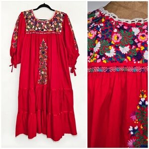 Vintage Red Embroidered Mexican Peasant Dress